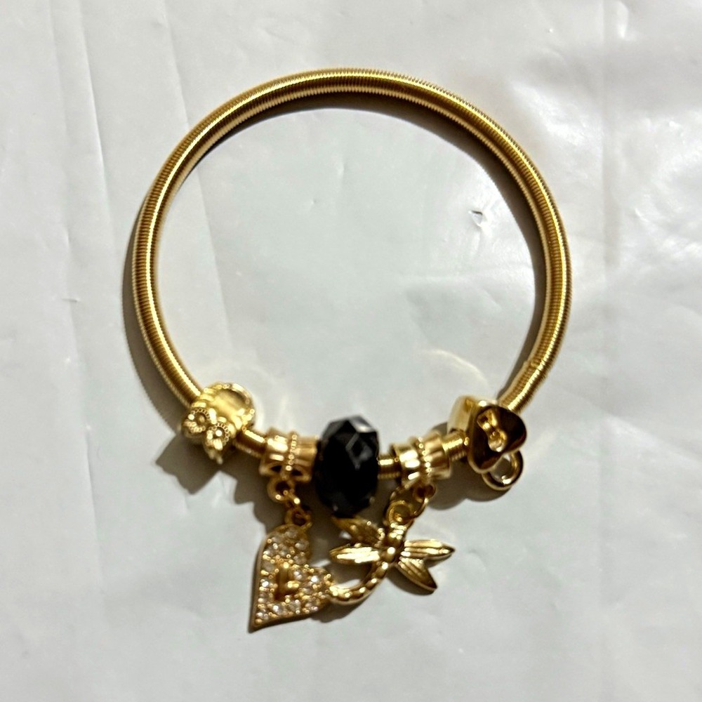 Gold Tone Bangle Charm Bracelet Black Crystal Flower Dangle Charm